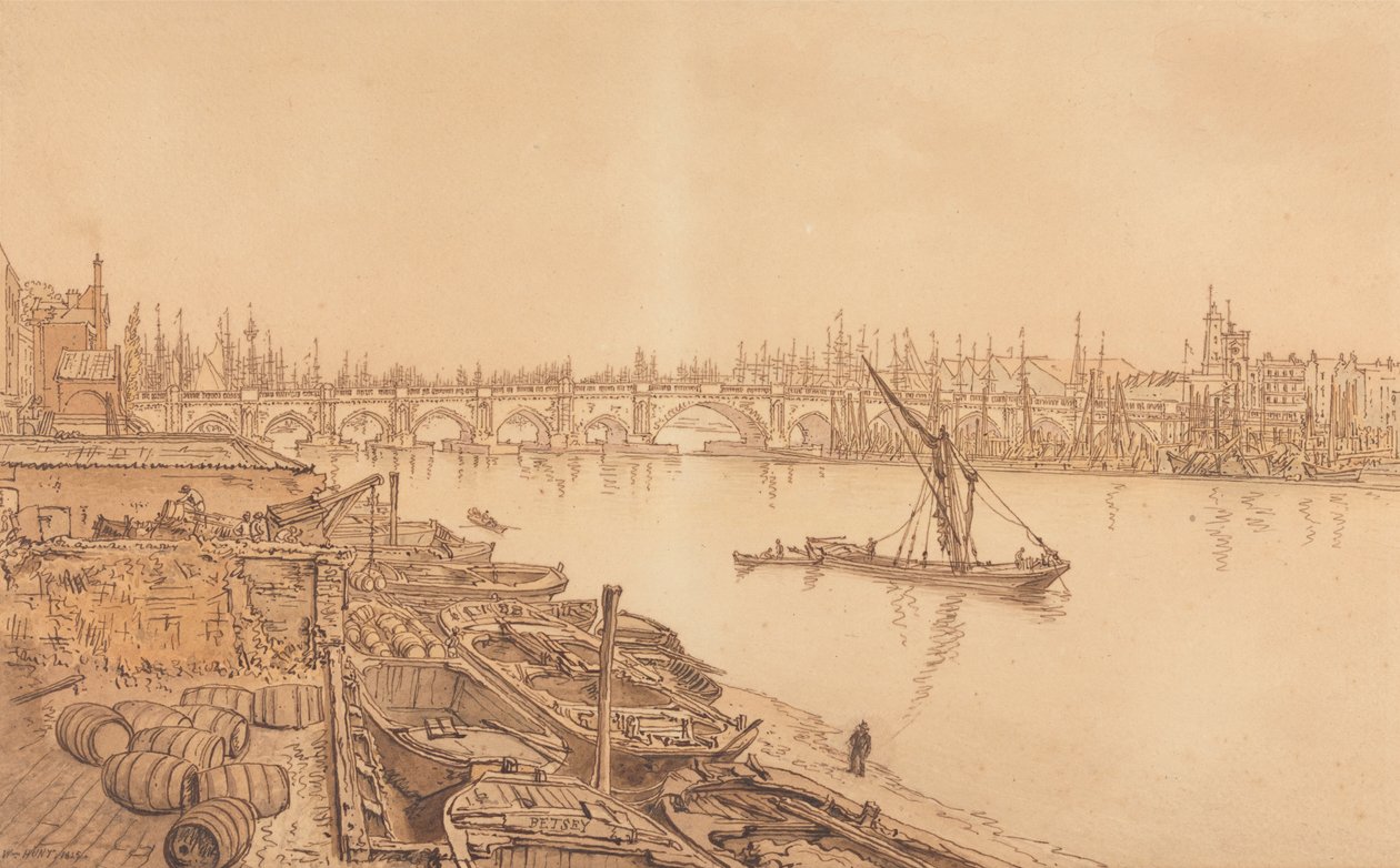 Utsikt över Old London Bridge av William Henry Hunt