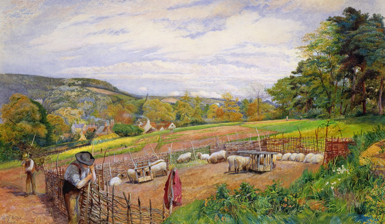 Mending the Sheep Pen, 1858 av William Henry Millais
