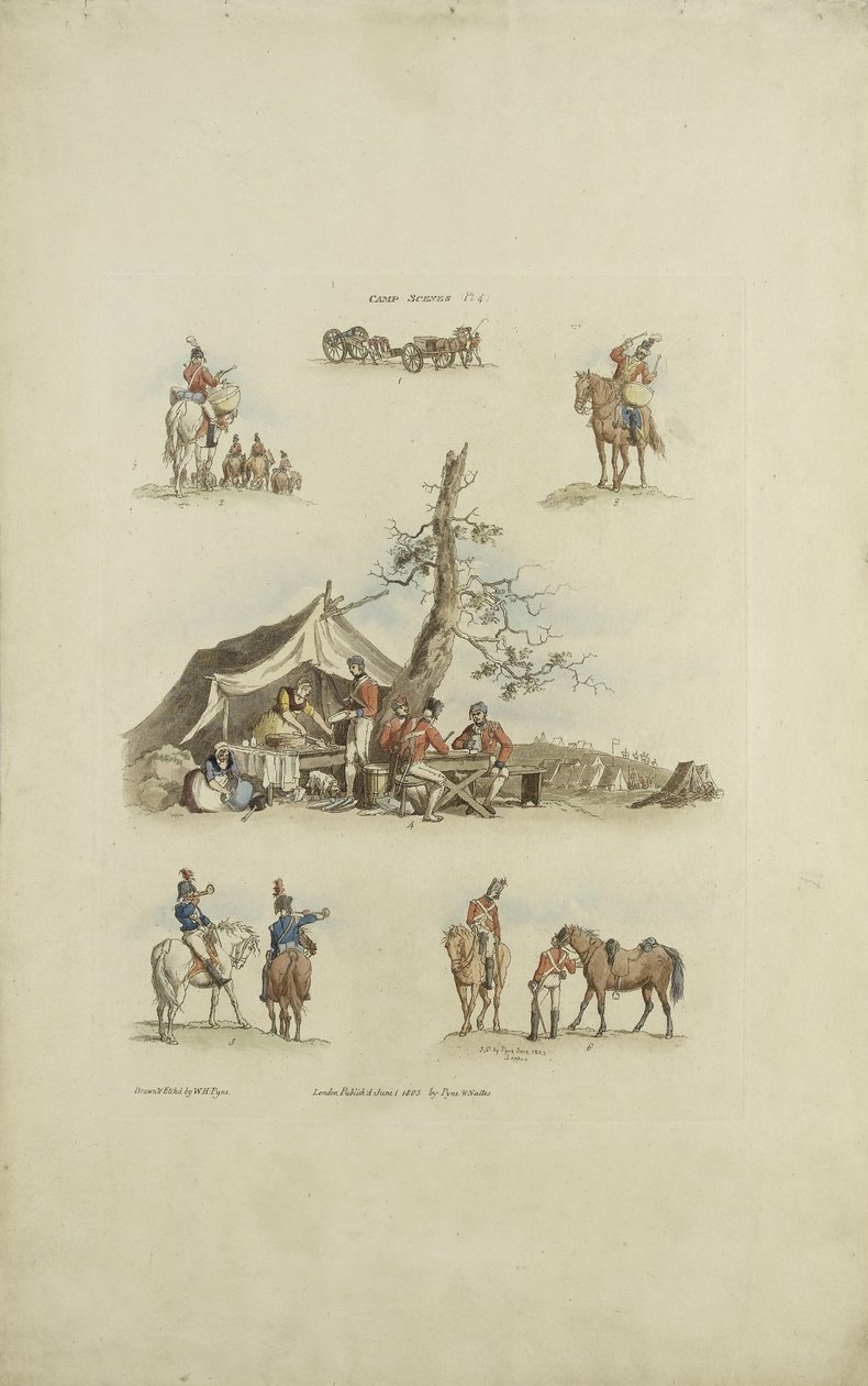 Camp Scenes, 1803 (färgad etsning) av William Henry after Pyne