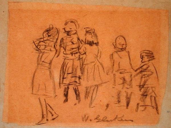 Fem barn (svart krita på papper) av William James Glackens