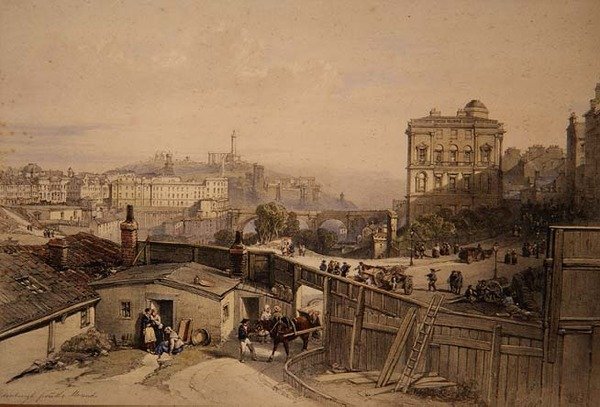 Edinburgh från Mound (färg litho) av William Leighton Leitch
