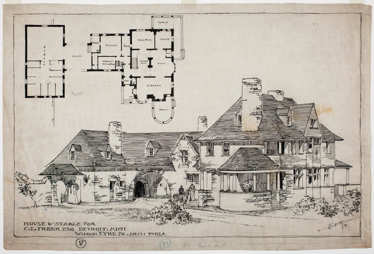 Freer Residence, House and Stable, 1891 (penna och bläck över grafitpenna på papper) av Wilson Eyre
