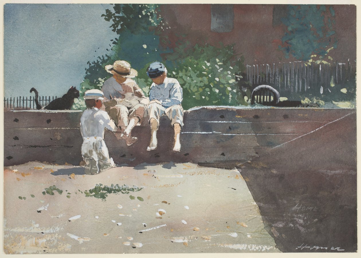 Boys and Kitten, 1873 (wc & gouache over pencil on paper) av Winslow Homer