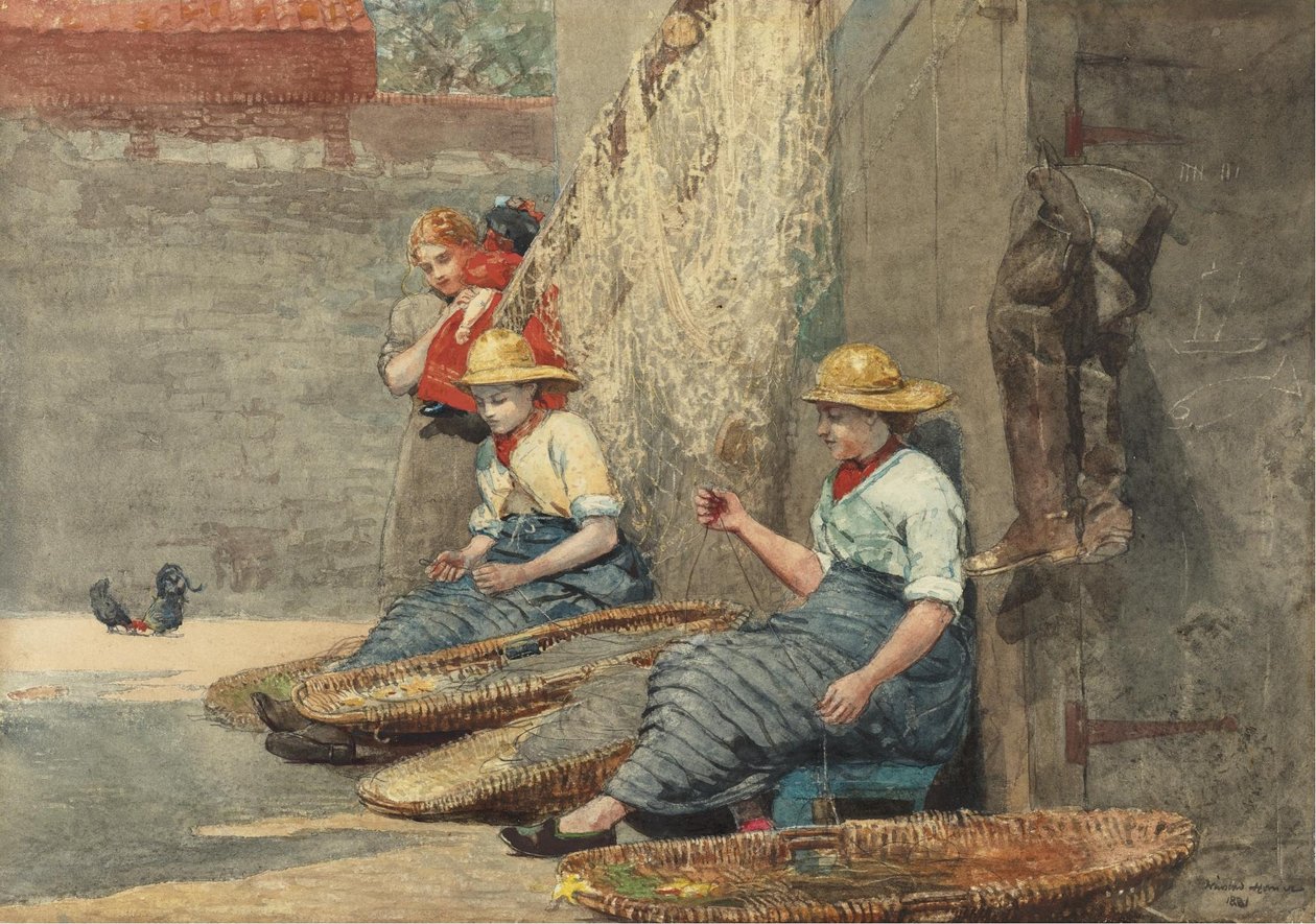 Fishergirls coiling tackle av Winslow Homer