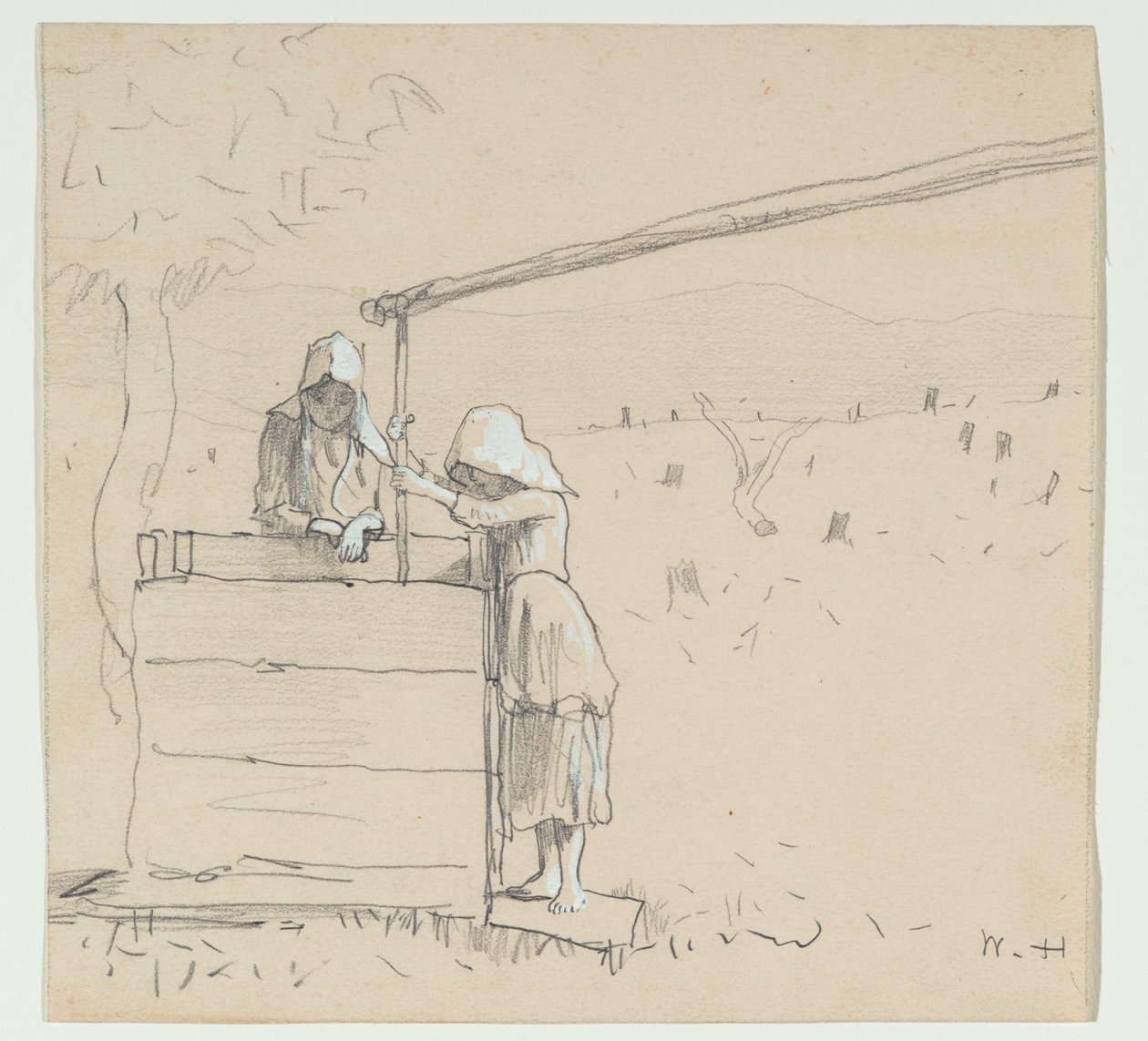 Girls at a Well, 1879 (grafit & wc på papper) av Winslow Homer