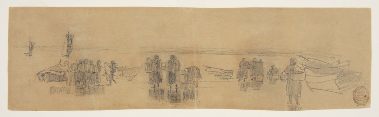 Strand med fyra fiskebåtar, Cullercoats, England av Winslow Homer