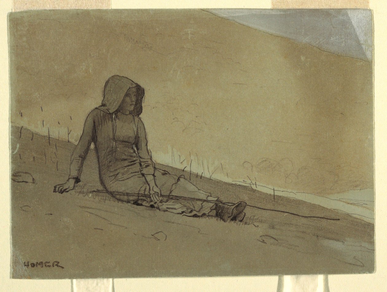 Teckning, flicka sittande på en bergssluttning, 1878 av Winslow Homer