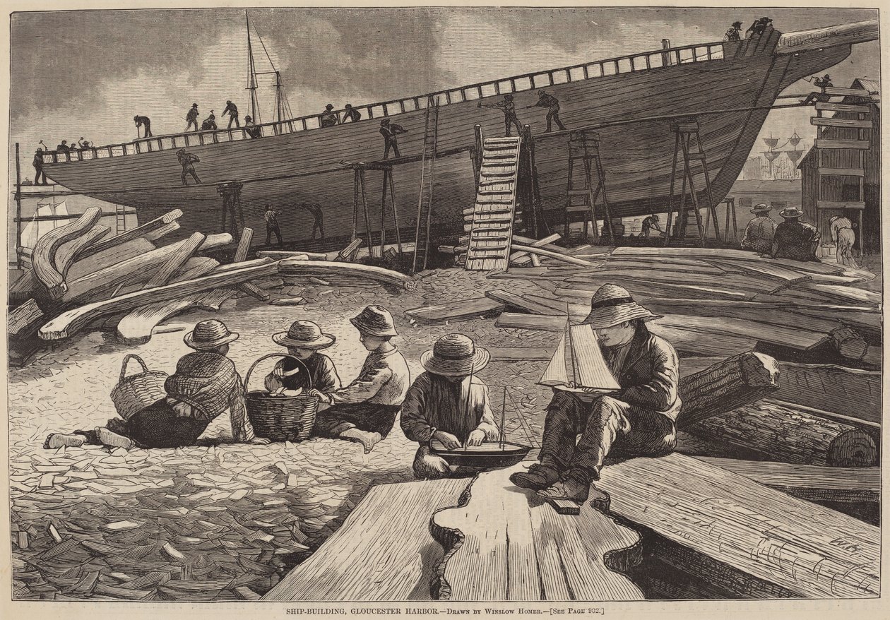 Ship-Building, Gloucester Harbor, publicerad 1873. av Winslow Homer