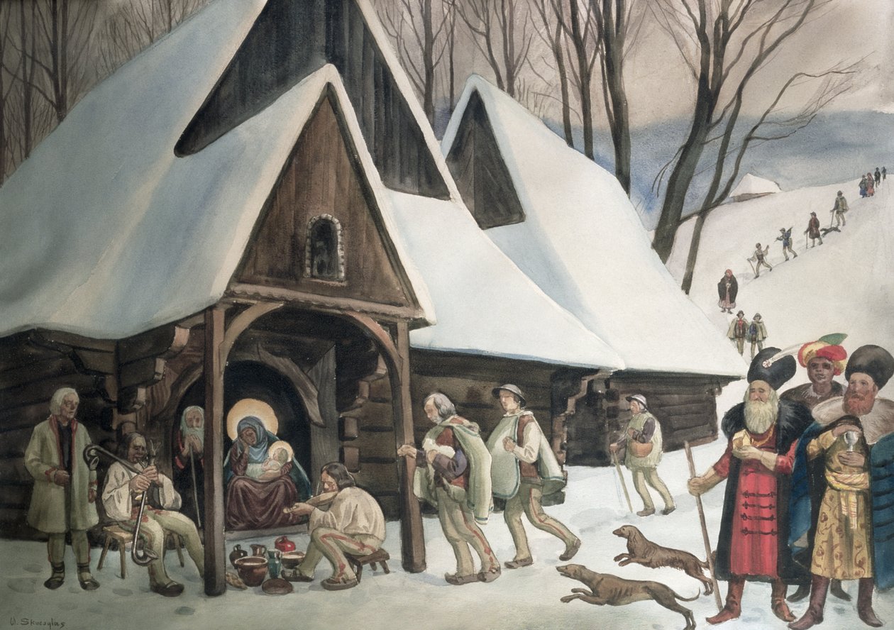 Goral Nativity Scene, c.1910 (wc och penna på papper) av Wladyslaw Skoczylas