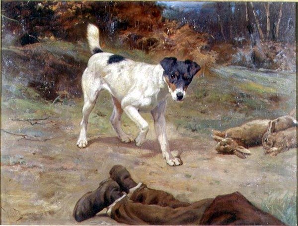 En Jack Russell vid ett kaninhål av Wright Barker