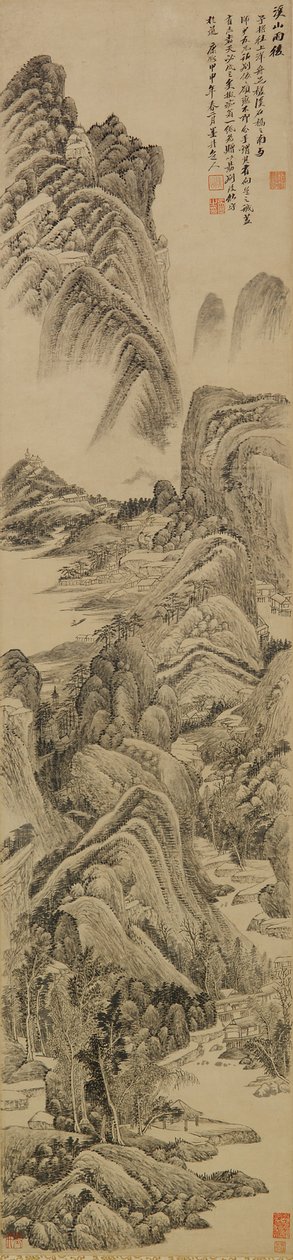 Strömmar och berg efter regn, Qingdynastin, 1704 (bläck på papper) av Wu Li