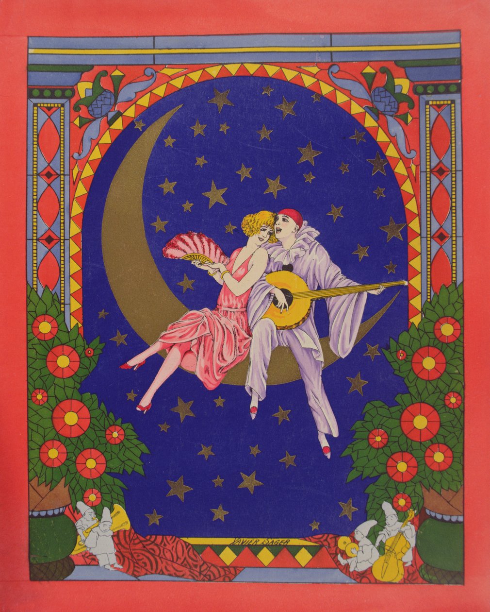 Pierrot och Columbine (chromolitho) av Xavier Sager