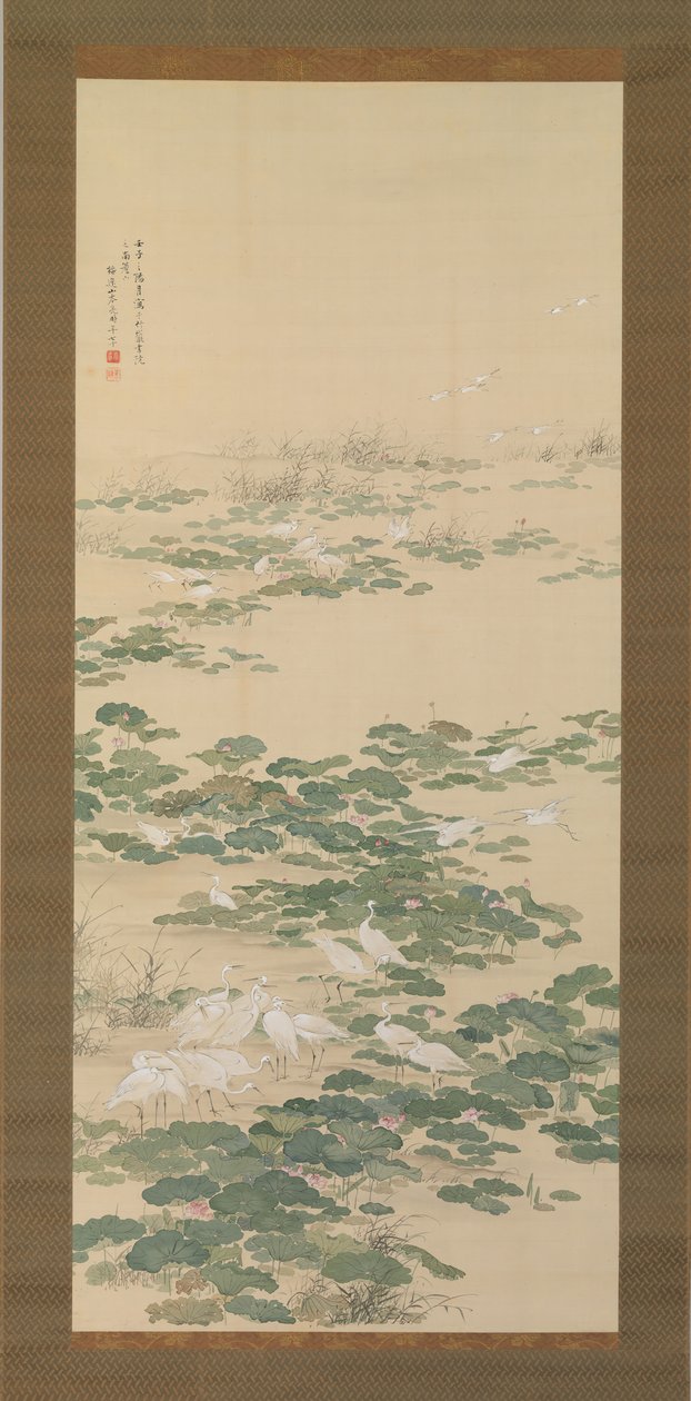 Hägrar i en Lotusdamm, 1852. av Yamamoto Baiitsu