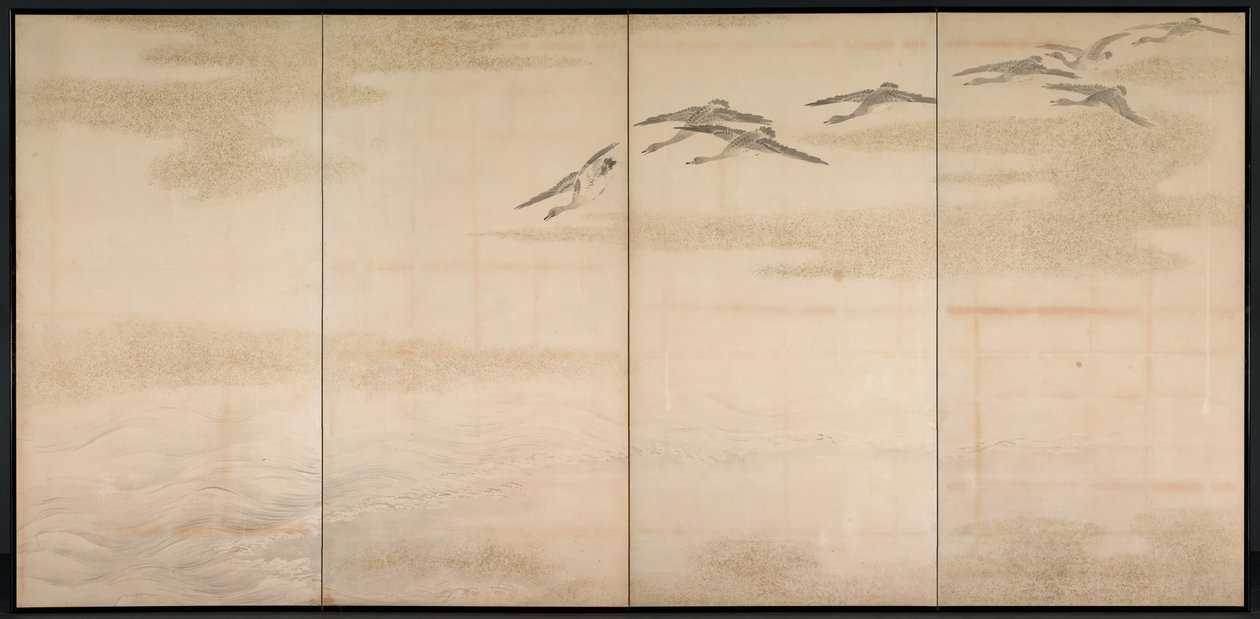 Gäss, vass och vatten, 1800-tal. av Yamamoto Baiitsu