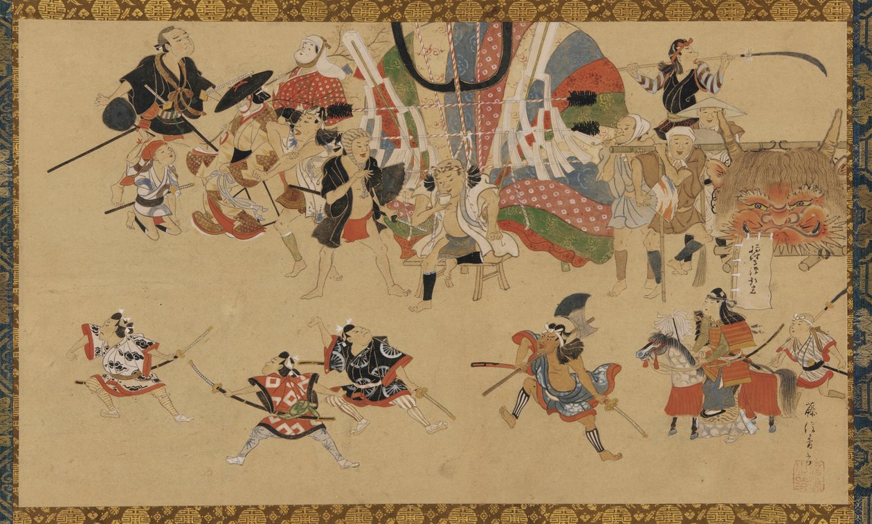 Gatubild under en festival, ca. 1750-70. av Yamamoto Fujinobu