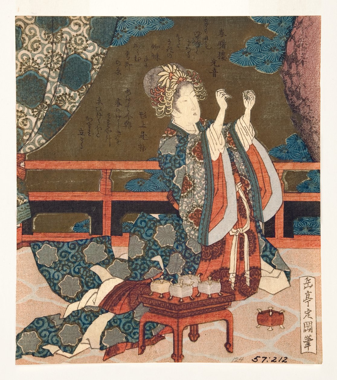 Kinesisk kvinna undersöker en tråd, 1823-25 (träblock) av Yashima Gakutei