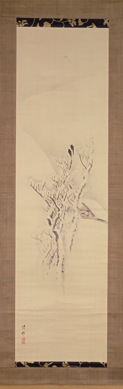 Snölandskap med kråkor i träd, ca 1820-50 (bläck och färger på papper) av Yokoyama Seiki