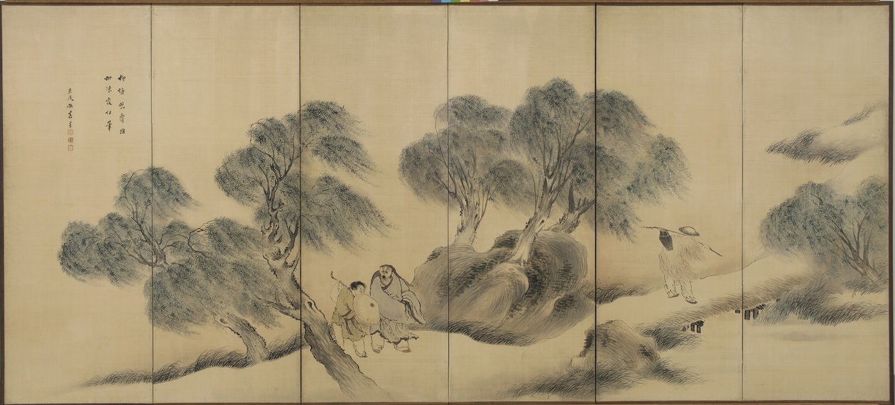 Clear Evening on a Willow Bank, Edo-period (bläck och färg på siden) av Yosa Buson