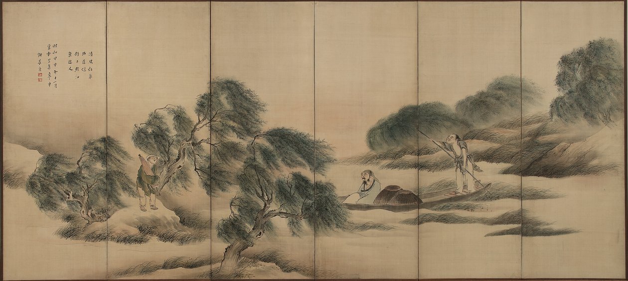 Fiske på en flod efter regn, Edo-period (bläck och färg på siden) av Yosa Buson