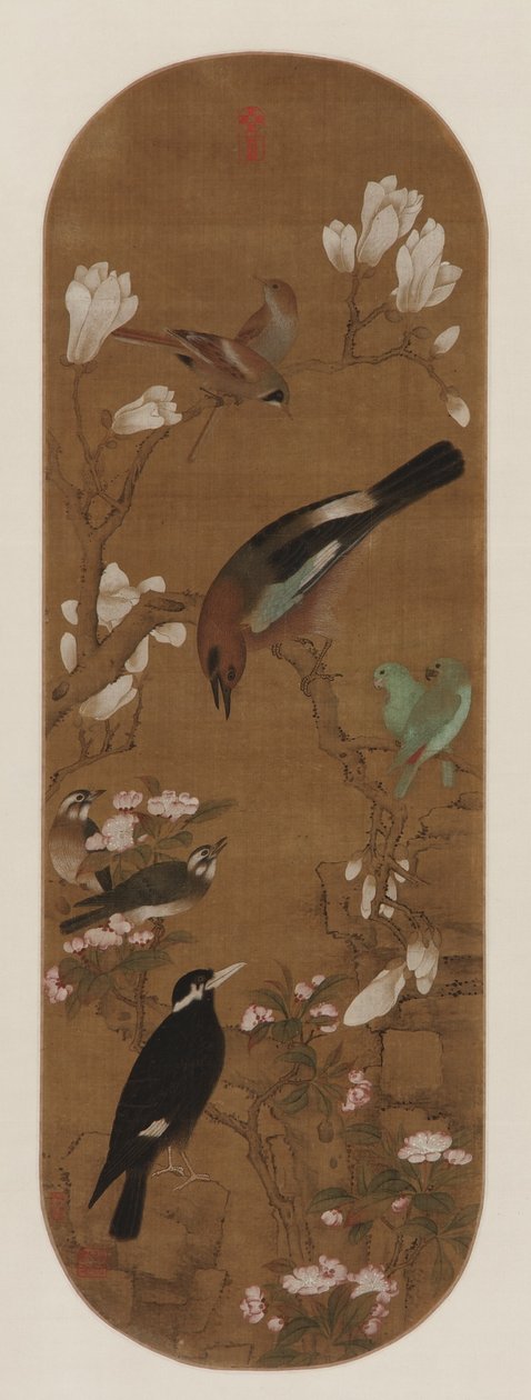 Fåglar och blommor, Qingdynastin (bläck och färg på siden) av Yu Zhiding