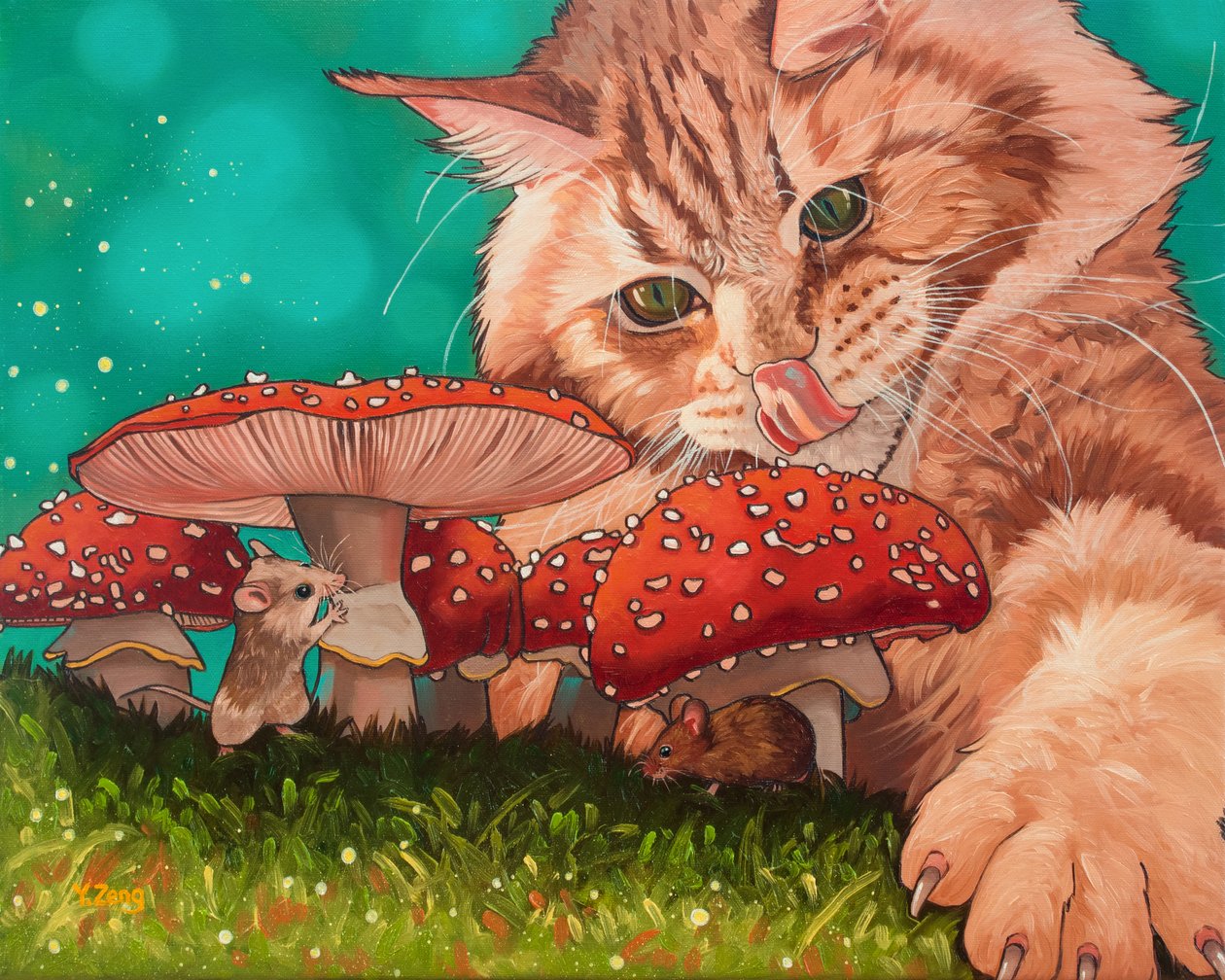 Mushroom shelter, 2023 (olja på duk) av Yue Zeng