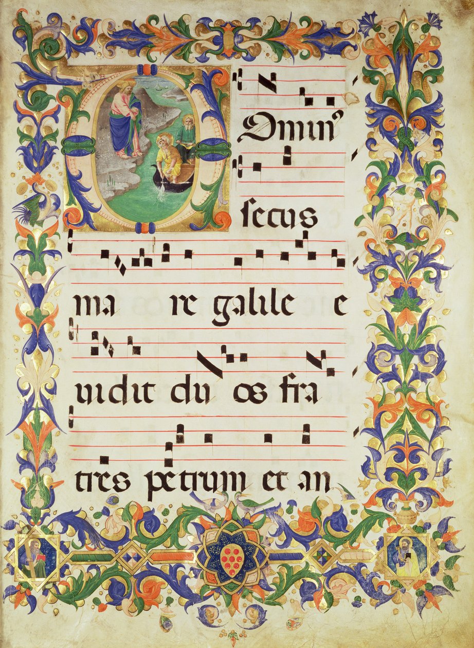 Missal 515 f.1r Sida med körmusik med ett historiskt initialt "O" som visar The Calling of St. Peter and St. Andrew, gränsen upplyst av Filippo di Matteo Torelli (1409-68) från en körbok av Zanobi di Benedetto Strozzi