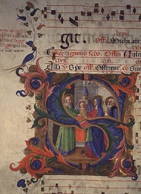 Missal 515 f.28v Historikert initial S som föreställer Presentationen i templet, 1448-49 av Zanobi di Benedetto Strozzi