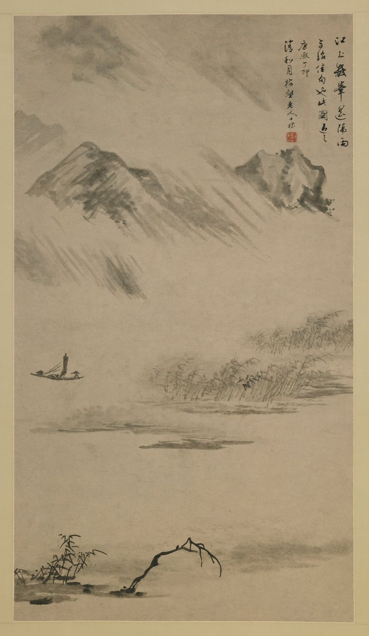 Flodlandskap i Rain, Anhui-provinsen, Kina, Qing-dynastin, 1687 (bläck på papper) av Zha Shibiao