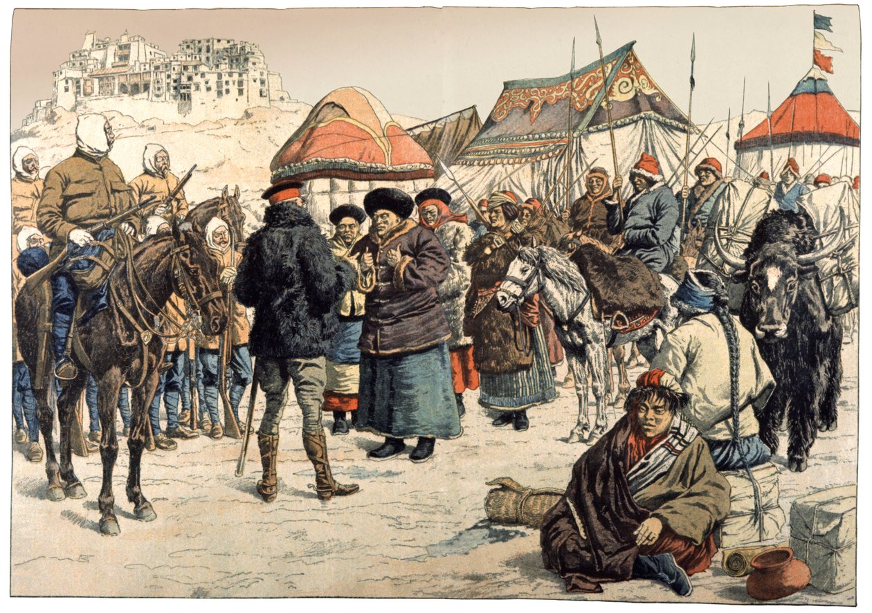 Erövring av Tibet. 1902 (gravyr) av . .