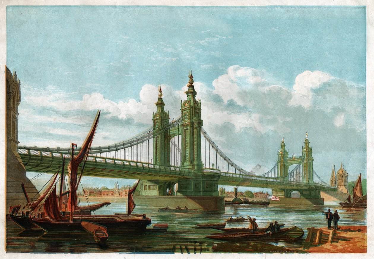 Chelsea Bridge, London. Omkring 1860 (gravyr) av . .