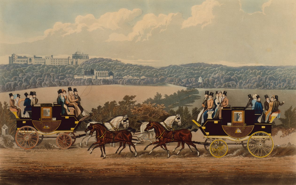 The Reading Telegraph Coaches (färgad gravyr) av . .
