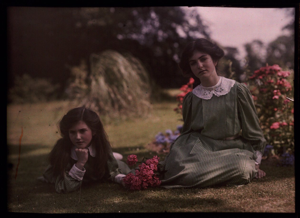 Two girls in a gardenスウェーデン語 av Frederick (attr. to) Barnard