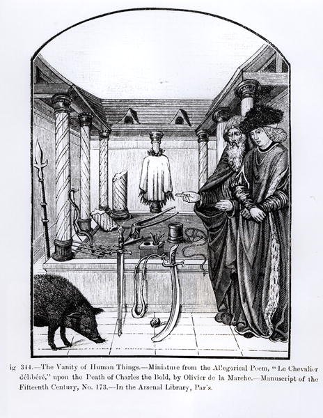 The Vanity of Human Things, från Le Chevalier delibere, en allegorisk dikt av Olivier de la Marche efter Karl den djärve (1433-77) illustration från Science and Literature in the Middle av French School