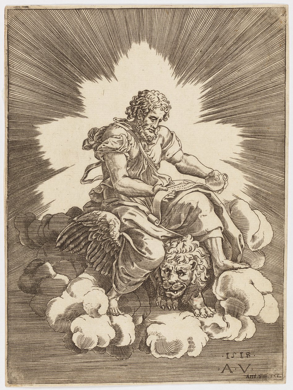 Sankt Markus, sittande på ett lejon av after Giulio Romano