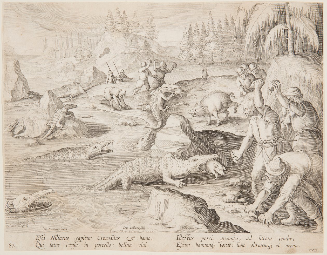 Krokodiljakt av after Jan van der Straet, called Stradanus