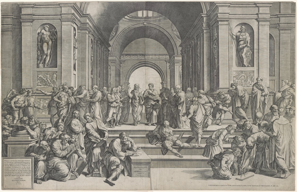Atens skola. Pub. 1550 av after Raphael