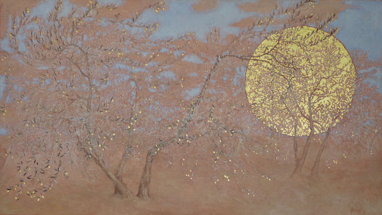 Enthusiasm, 2015, olja och bladguld på panel av angus hampel
