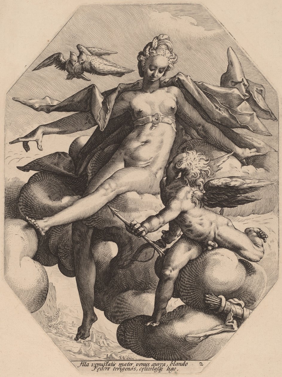 Venus och Amor av attributed to Jacob Matham, after Hendrick Goltzius