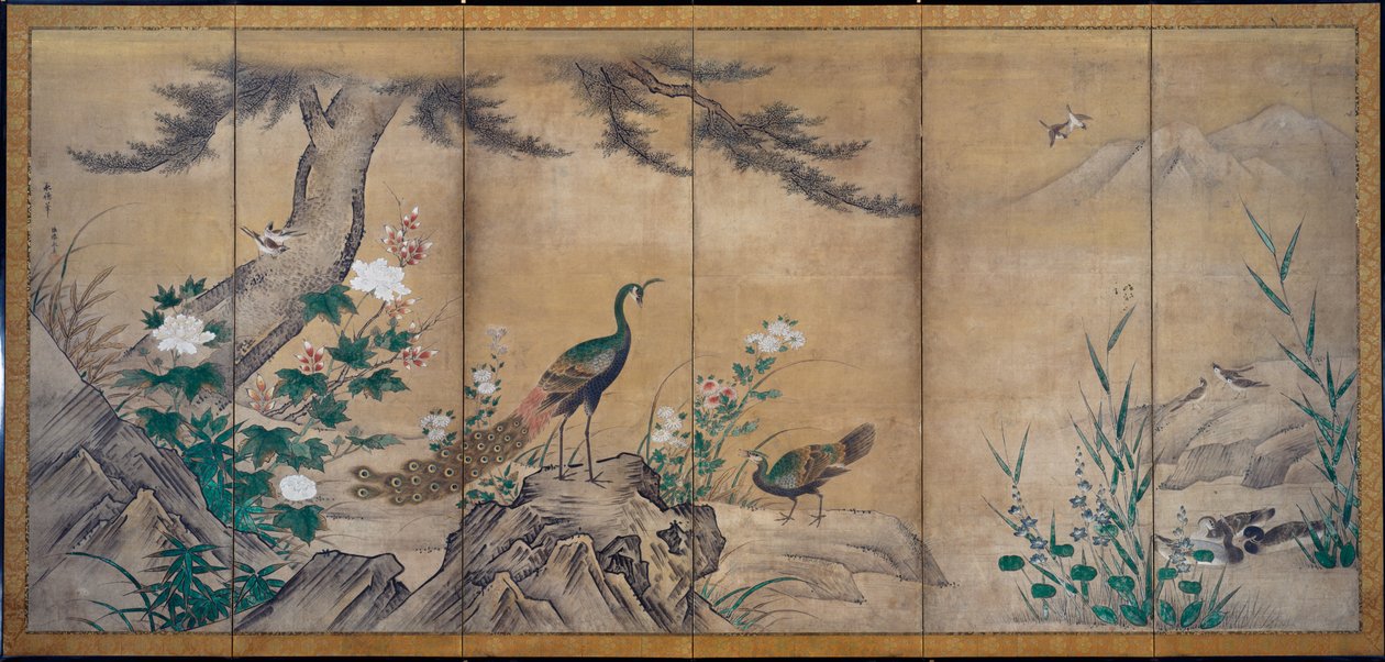 Fåglar och blommor av attributed to Kano Mitsunobu