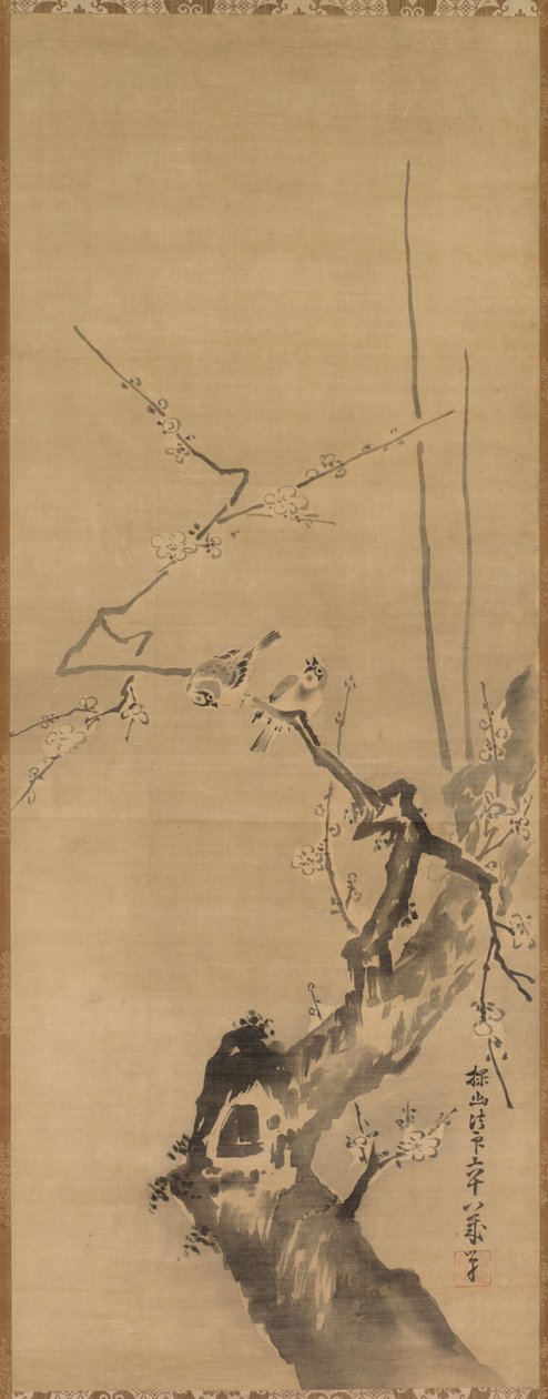 Sparvar på blommande plommon av attributed to Kano Tan’yū