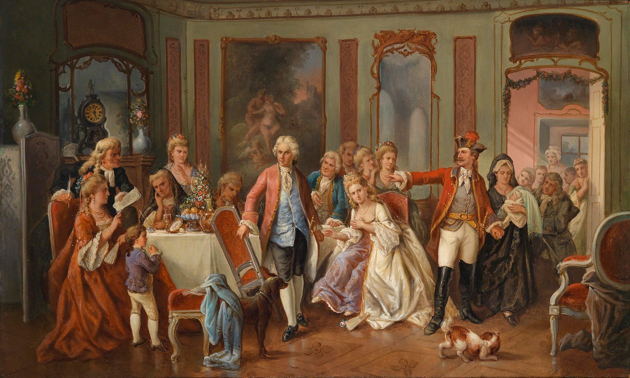 Förvånad ung far omgiven av elegant sällskap av circle of Carl Herpfer