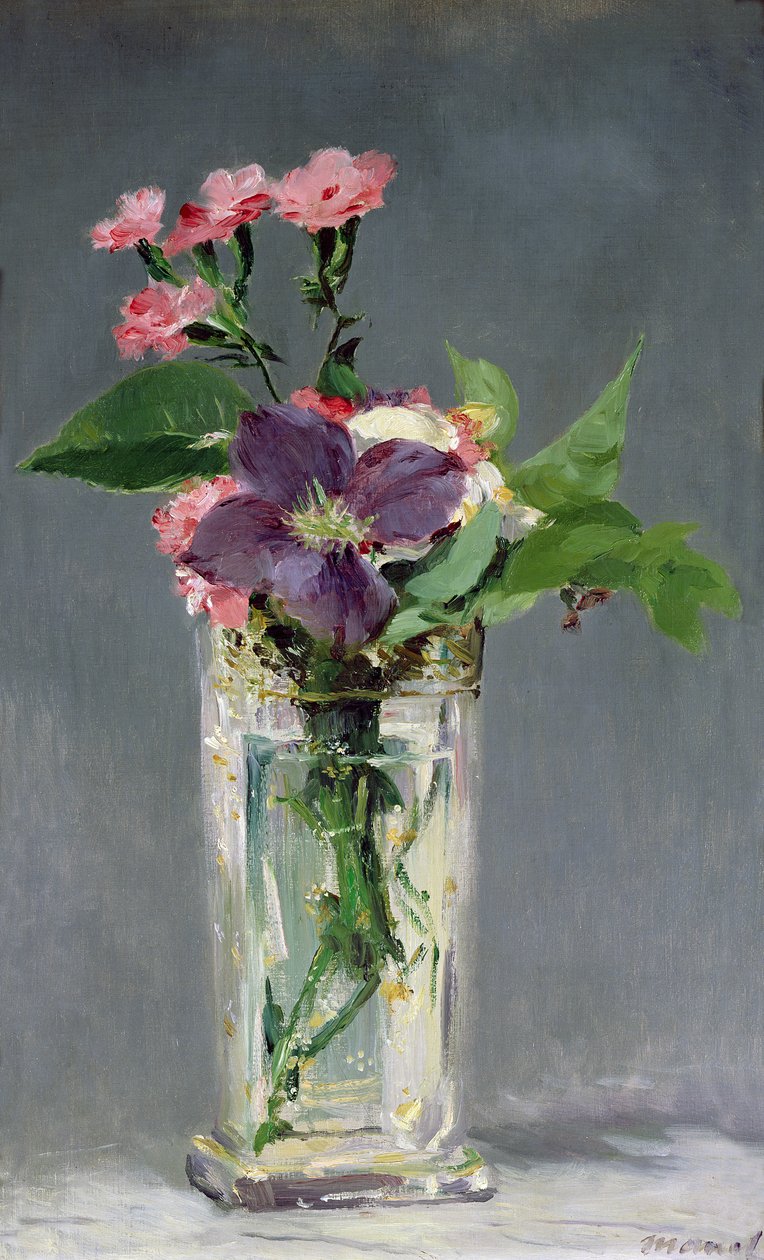 Pinks and Clematis in a Crystal Vase, c.1882 av Édouard Manet