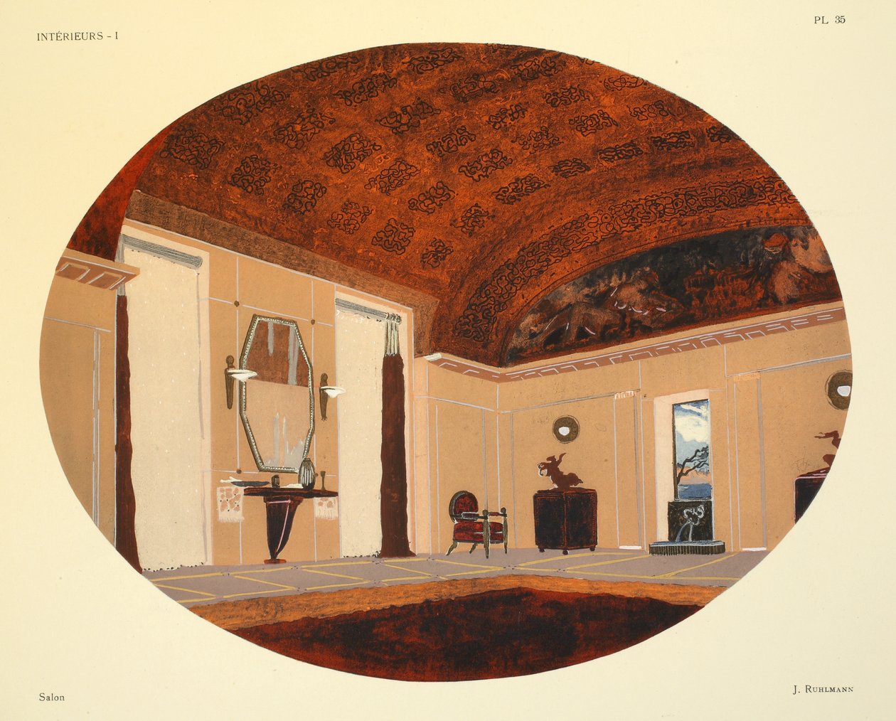 Salong, illustration från "Interieurs" av Leon Moussinac, pub. Albert Levy, 1924-26 av Jacques Emile Ruhlmann