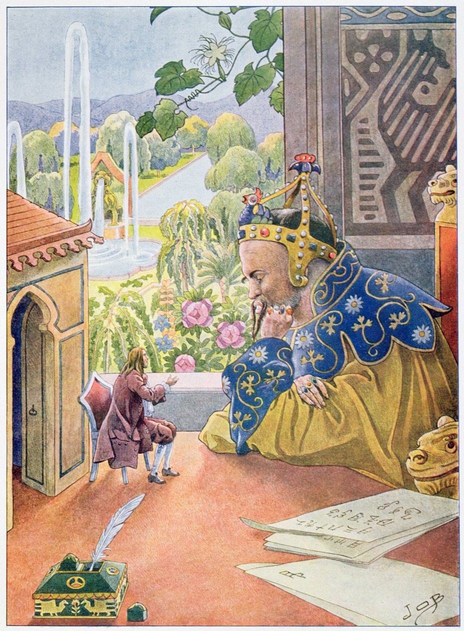 Gulliver beskriver regeringssystemet i England för kungen av Brobdingnag, ca 1900 av Jacques Marie Gaston Onfray de Breville (Job)