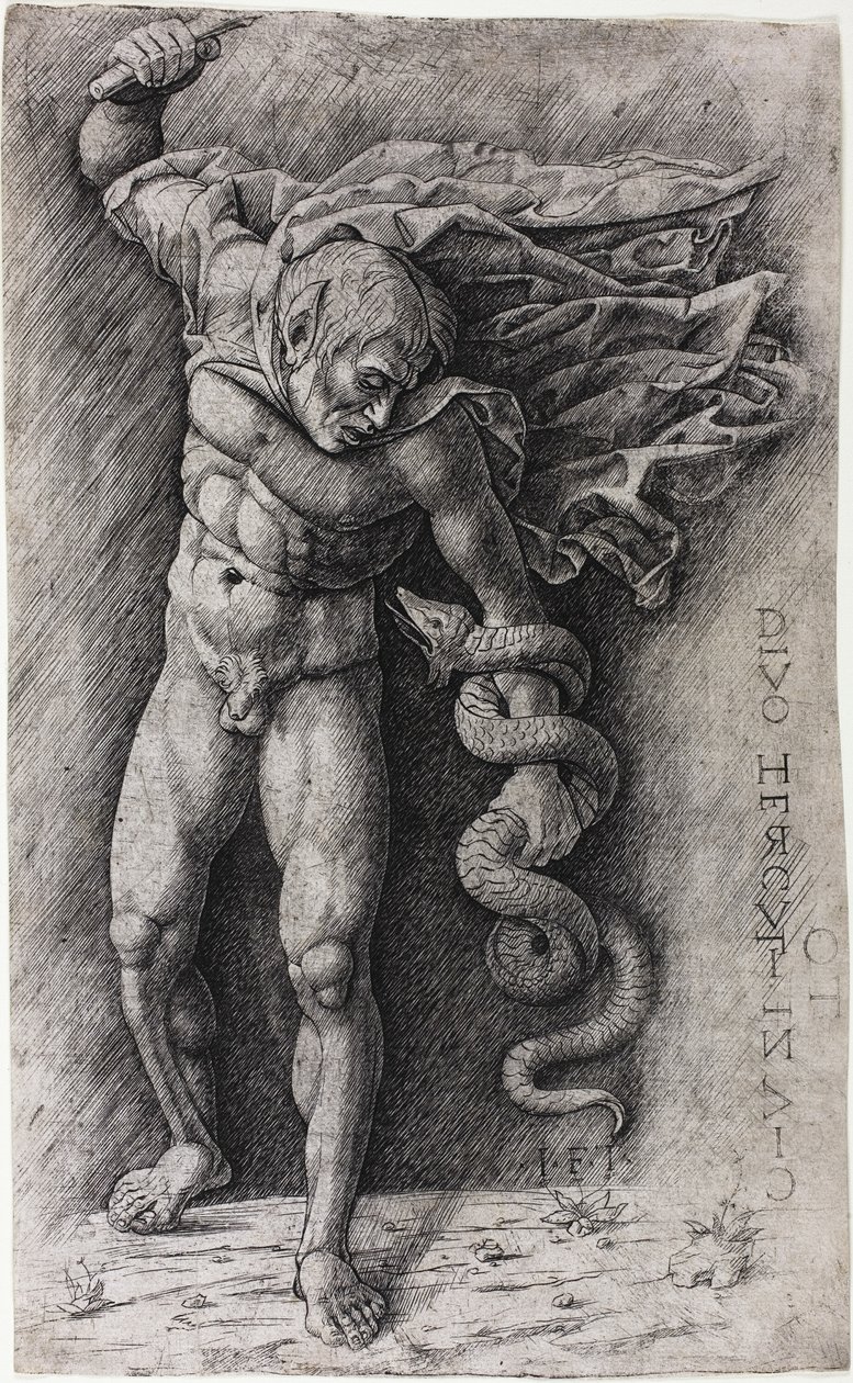 Faun attackerar en orm av school of Andrea Mantegna