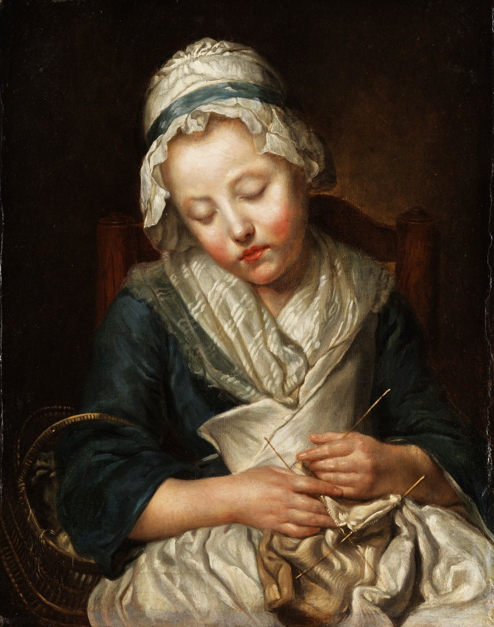 Tricoteuse endormie. (Beim Stricken eingeschlafenes Mädchen). av workshop of Jean Baptiste Greuze