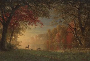 Indisk solnedgång: Deer by a Lake, ca 1880-90