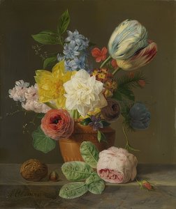 Stilleben med blommor och nötter. Omkring 1830