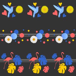Fåglar, blommor, fläckar och ränder