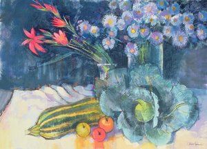 Stilleben med frukt och blommor